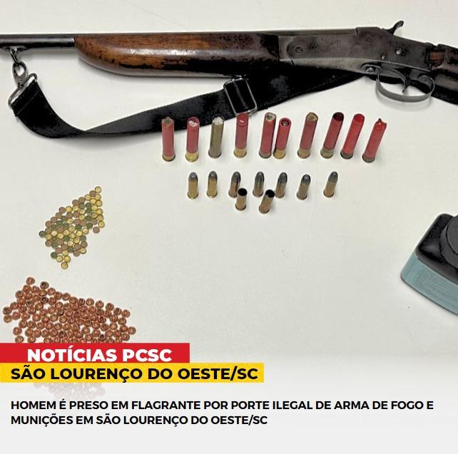 HOMEM É PRESO EM FLAGRANTE POR PORTE ILEGAL DE ARMA DE FOGO E MUNIÇÕES EM SÃO LOURENÇO DO OESTE/SC