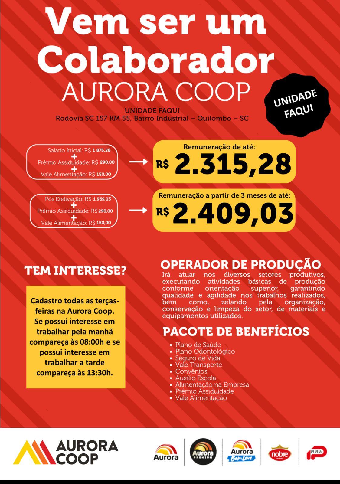 Aurora Coop Unidade FAQUI Quilombo contrata 