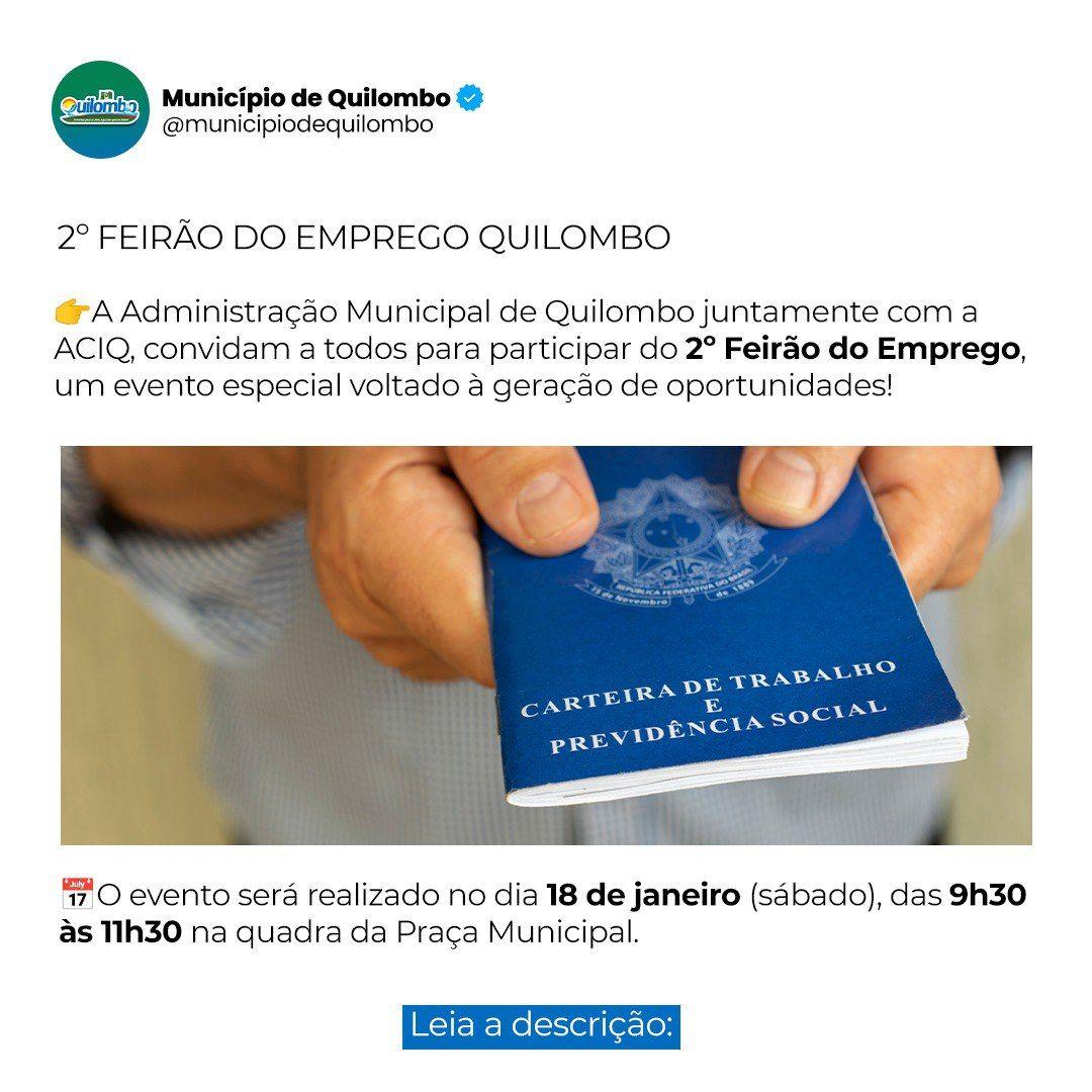 Quilombo promove no sábado (18) o Feirão do Emprego